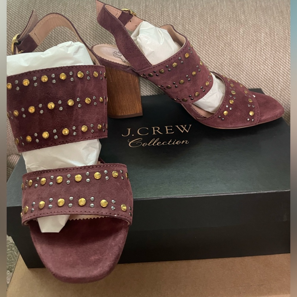 J. Crew Stella Bright Ruby Burgundy Studded Block Heel Sandals - Picture 2 of 5